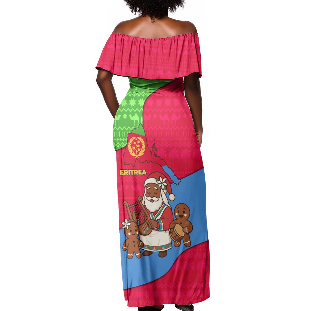 Eritrea Christmas Off Shoulder Maxi Dress African Santa Gingerbread Harp National Flag Colors - African Pride