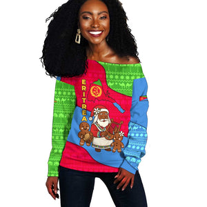 Eritrea Christmas Off Shoulder Sweater African Santa Gingerbread Harp National Flag Colors - African Pride