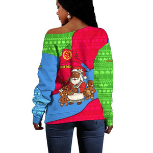 Eritrea Christmas Off Shoulder Sweater African Santa Gingerbread Harp National Flag Colors - African Pride