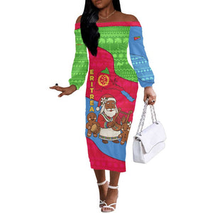 Eritrea Christmas Off The Shoulder Long Sleeve Dress African Santa Gingerbread Harp National Flag Colors - African Pride