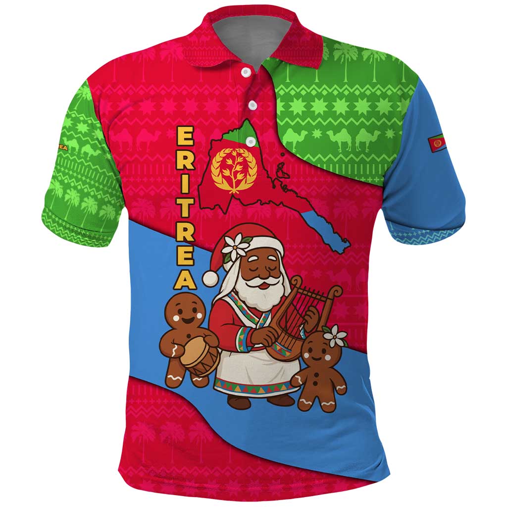 Eritrea Christmas Polo Shirt African Santa Gingerbread Harp National Flag Colors - African Pride
