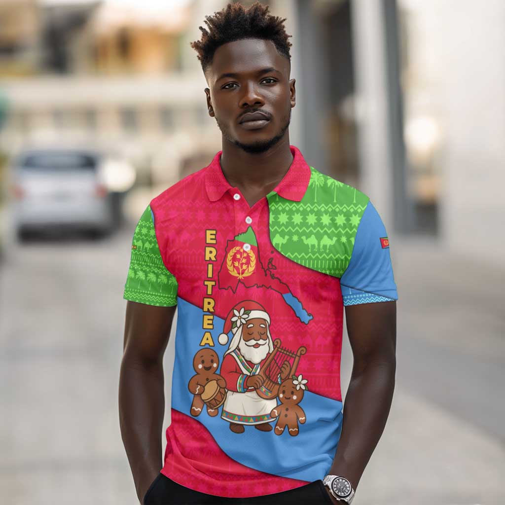 Eritrea Christmas Polo Shirt African Santa Gingerbread Harp National Flag Colors - African Pride