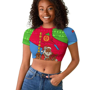 Eritrea Christmas Raglan Cropped T shirt African Santa Gingerbread Harp National Flag Colors - African Pride