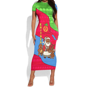 Eritrea Christmas Short Sleeve Bodycon Dress African Santa Gingerbread Harp National Flag Colors - African Pride