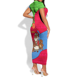 Eritrea Christmas Short Sleeve Bodycon Dress African Santa Gingerbread Harp National Flag Colors - African Pride