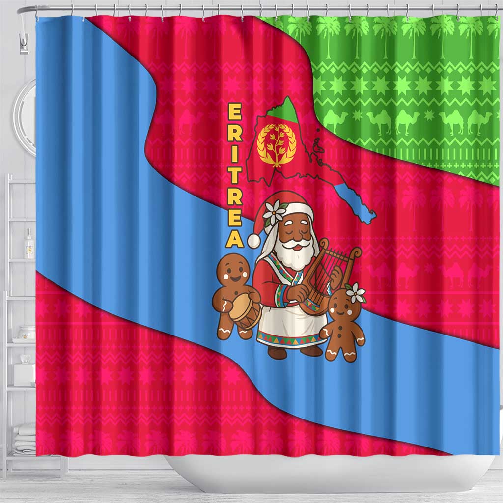 Eritrea Christmas Shower Curtain African Santa Gingerbread Harp National Flag Colors - African Pride