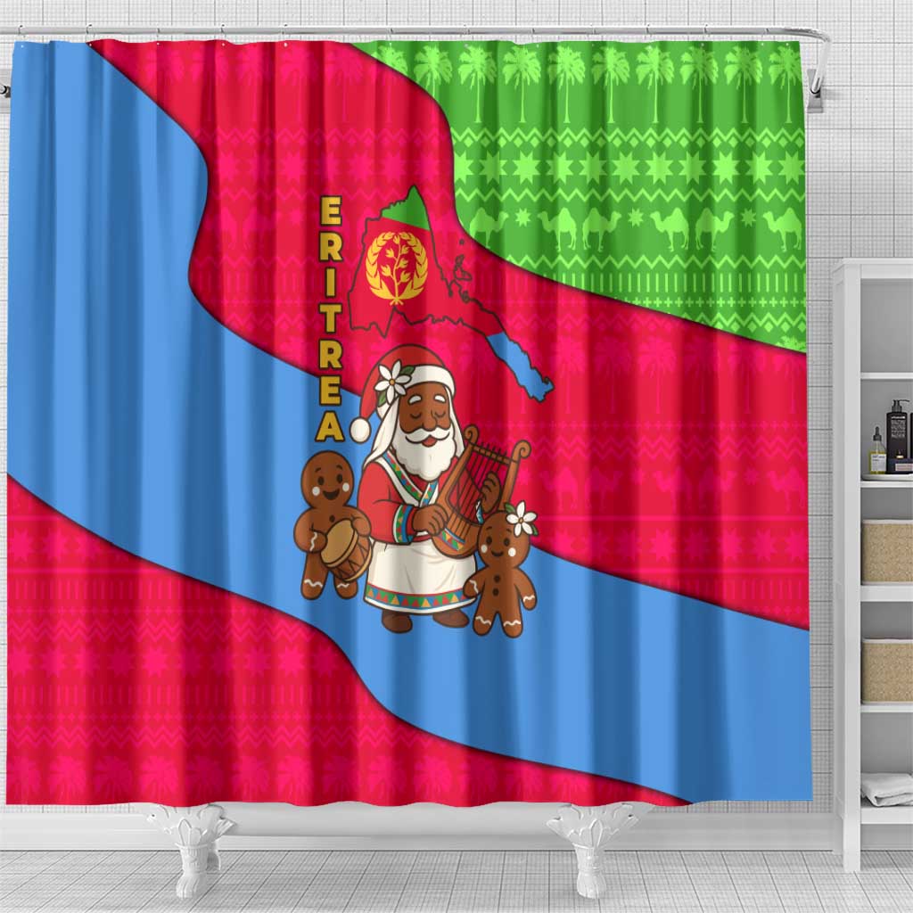 Eritrea Christmas Shower Curtain African Santa Gingerbread Harp National Flag Colors - African Pride