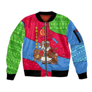 Eritrea Christmas Sleeve Zip Bomber Jacket African Santa Gingerbread Harp National Flag Colors - African Pride
