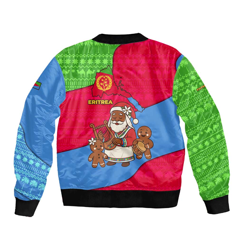 Eritrea Christmas Sleeve Zip Bomber Jacket African Santa Gingerbread Harp National Flag Colors - African Pride