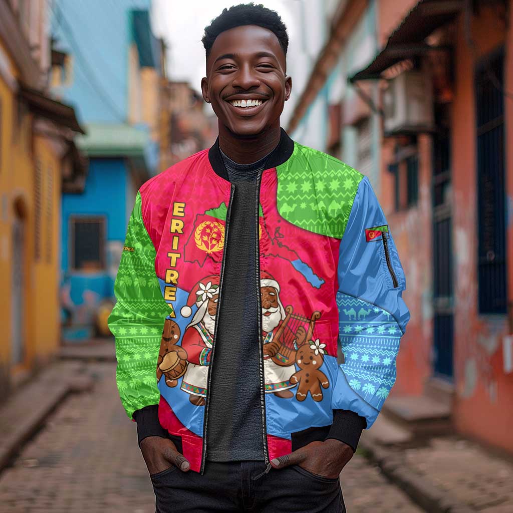 Eritrea Christmas Sleeve Zip Bomber Jacket African Santa Gingerbread Harp National Flag Colors - African Pride