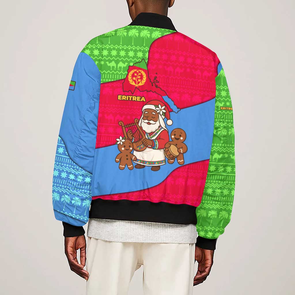 Eritrea Christmas Sleeve Zip Bomber Jacket African Santa Gingerbread Harp National Flag Colors - African Pride