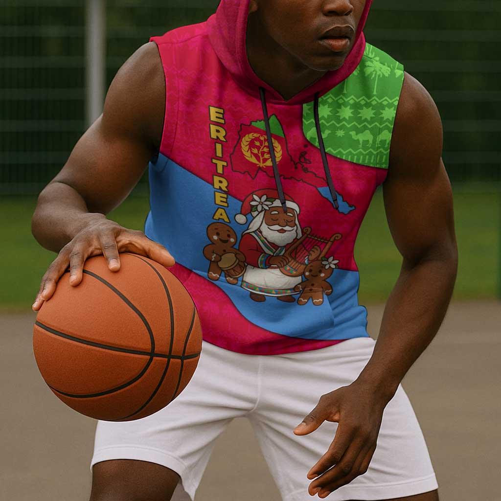 Eritrea Christmas Sleeveless Hoodie African Santa Gingerbread Harp National Flag Colors - African Pride