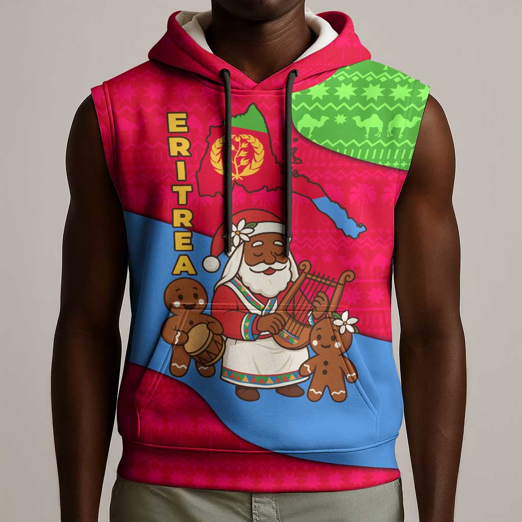 Eritrea Christmas Sleeveless Hoodie African Santa Gingerbread Harp National Flag Colors - African Pride