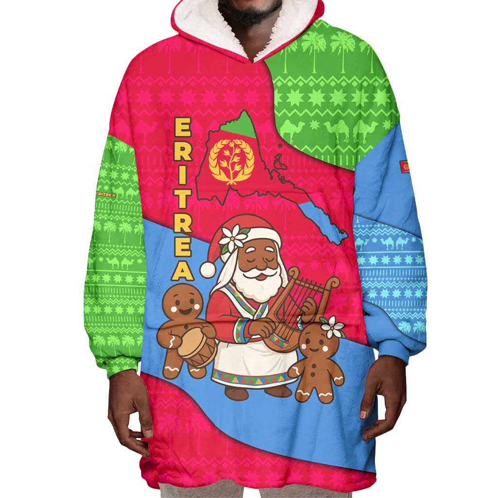 Eritrea Christmas Wearable Blanket Hoodie African Santa Gingerbread Harp National Flag Colors - African Pride