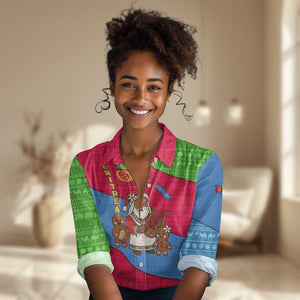 Eritrea Christmas Women Casual Shirt African Santa Gingerbread Harp National Flag Colors - African Pride