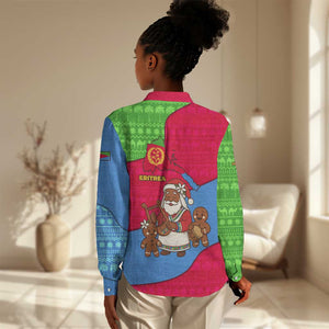 Eritrea Christmas Women Casual Shirt African Santa Gingerbread Harp National Flag Colors - African Pride