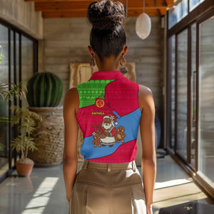 Eritrea Christmas Women Sleeveless Polo Shirt African Santa Gingerbread Harp National Flag Colors - African Pride