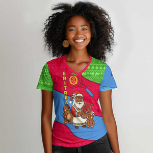 Eritrea Christmas Women V-Neck T-Shirt African Santa Gingerbread Harp National Flag Colors - African Pride