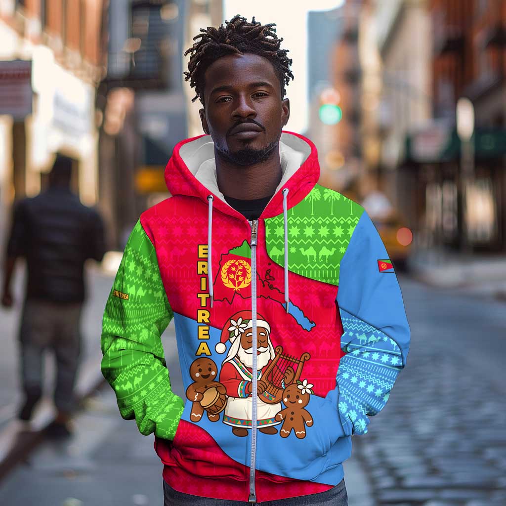 Eritrea Christmas Zip Hoodie African Santa Gingerbread Harp National Flag Colors - African Pride