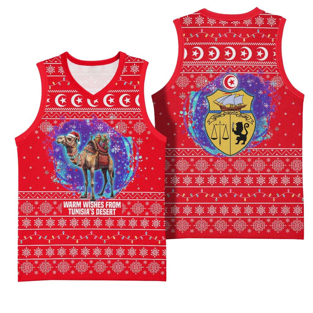 Tunisia Christmas Basketball Jersey Desert Camel Crescent Snowflake Pattern - African Pride