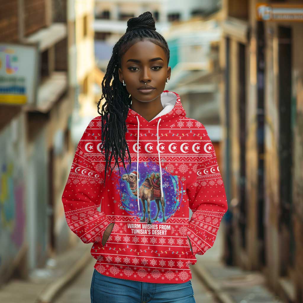 Tunisia Christmas Hoodie Desert Camel Crescent Snowflake Pattern - African Pride
