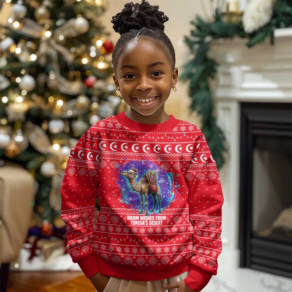 Tunisia Christmas Kid Ugly Christmas Sweater Desert Camel Crescent Snowflake Pattern - African Pride