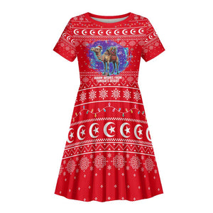 Tunisia Christmas Kid Short Sleeve Dress Desert Camel Crescent Snowflake Pattern - African Pride