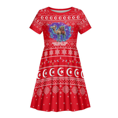 Tunisia Christmas Kid Short Sleeve Dress Desert Camel Crescent Snowflake Pattern - African Pride