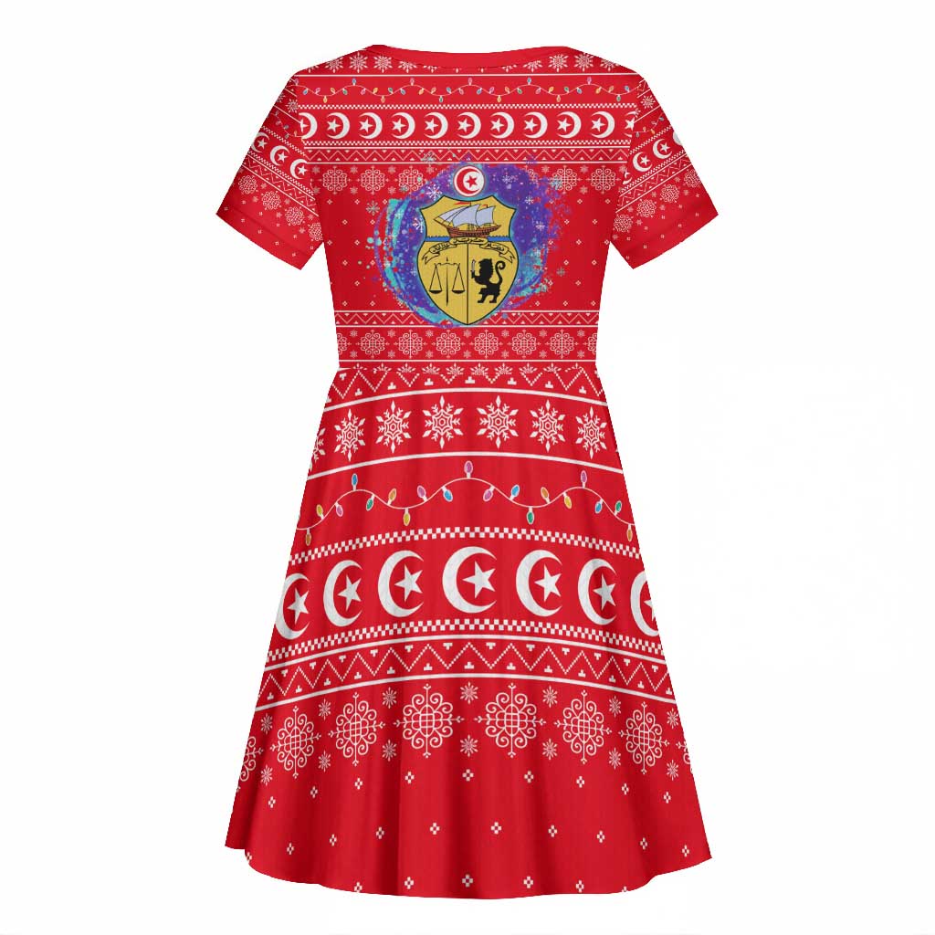 Tunisia Christmas Kid Short Sleeve Dress Desert Camel Crescent Snowflake Pattern - African Pride