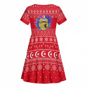 Tunisia Christmas Kid Short Sleeve Dress Desert Camel Crescent Snowflake Pattern - African Pride