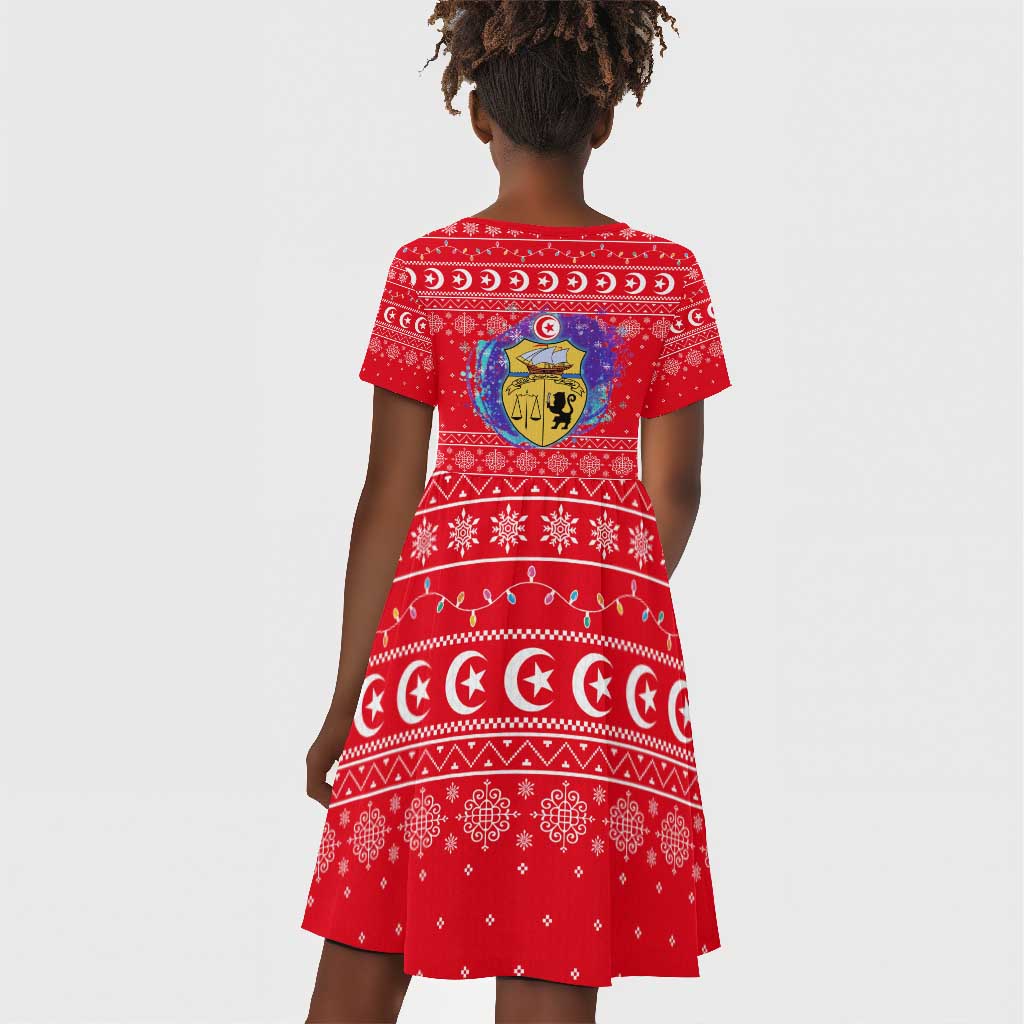 Tunisia Christmas Kid Short Sleeve Dress Desert Camel Crescent Snowflake Pattern - African Pride