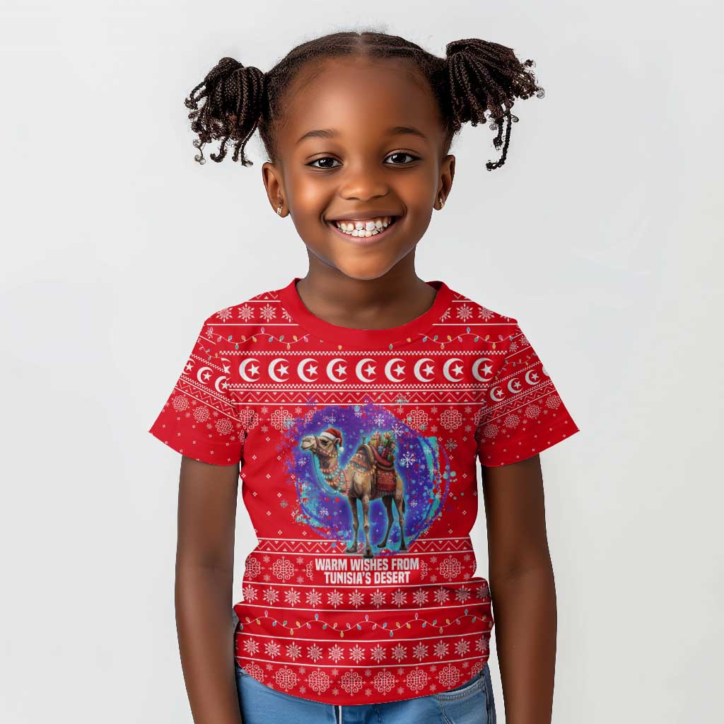 Tunisia Christmas Kid T shirt Desert Camel Crescent Snowflake Pattern - African Pride