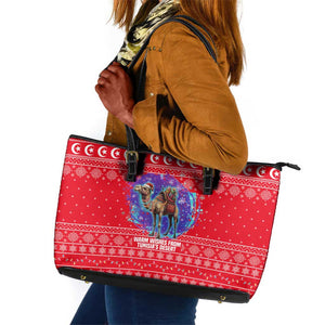 Tunisia Christmas Leather Tote Bag Desert Camel Crescent Snowflake Pattern - African Pride