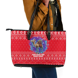 Tunisia Christmas Leather Tote Bag Desert Camel Crescent Snowflake Pattern - African Pride