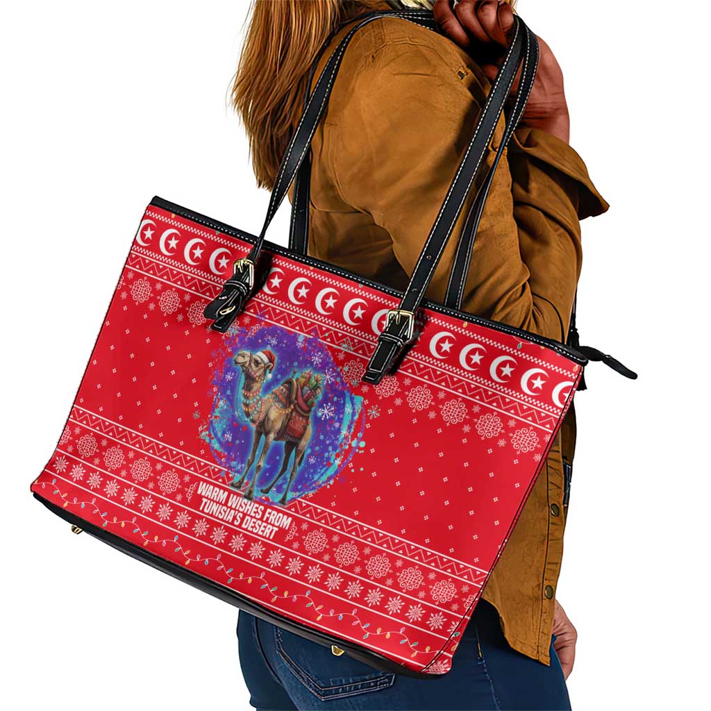 Tunisia Christmas Leather Tote Bag Desert Camel Crescent Snowflake Pattern - African Pride