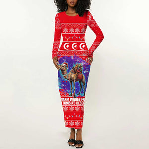 Tunisia Christmas Long Sleeve Bodycon Dress Desert Camel Crescent Snowflake Pattern - African Pride