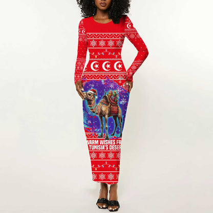 Tunisia Christmas Long Sleeve Bodycon Dress Desert Camel Crescent Snowflake Pattern - African Pride