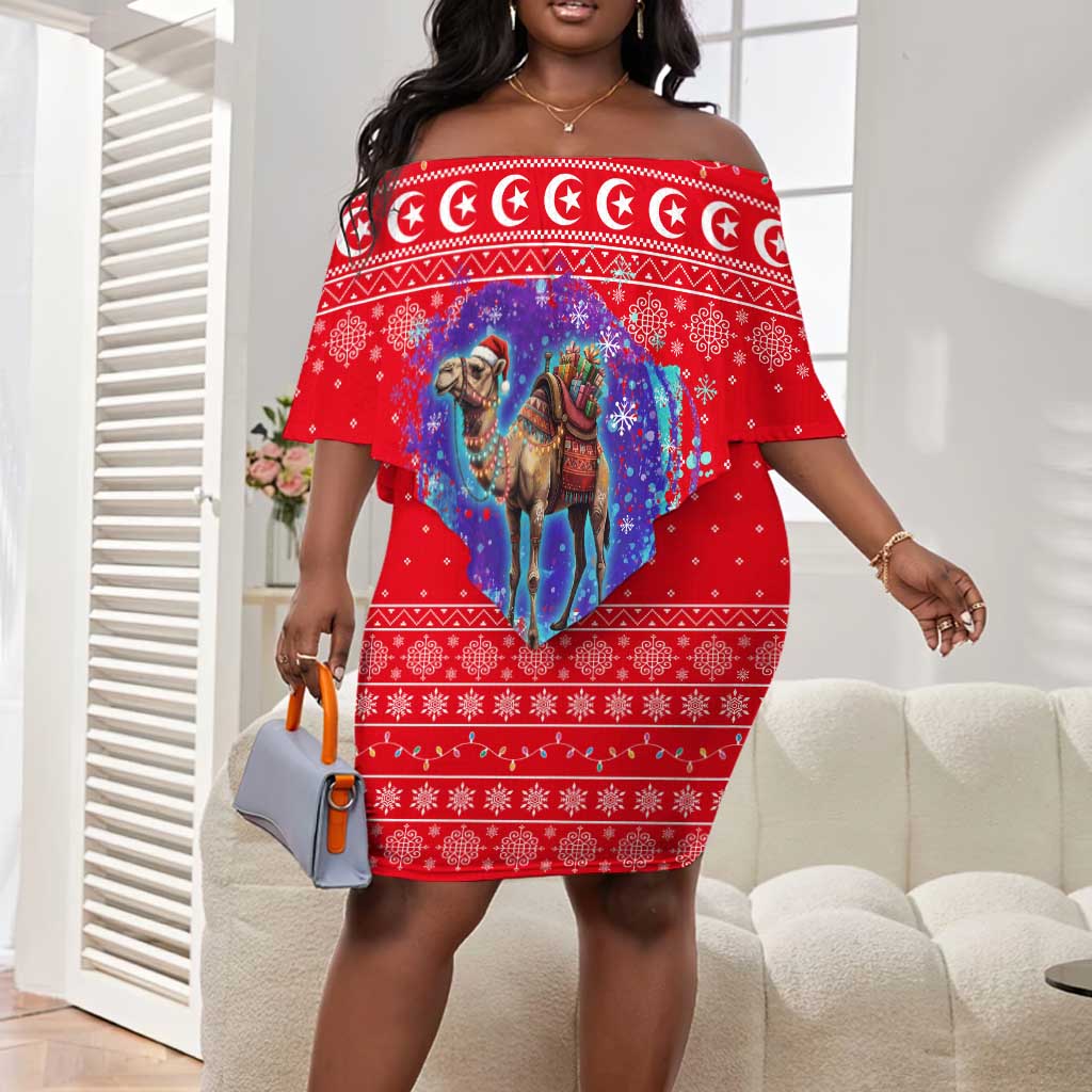 Tunisia Christmas Off Shoulder Short Dress Desert Camel Crescent Snowflake Pattern - African Pride