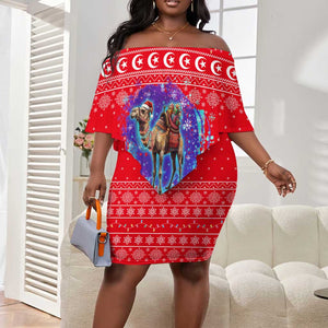 Tunisia Christmas Off Shoulder Short Dress Desert Camel Crescent Snowflake Pattern - African Pride