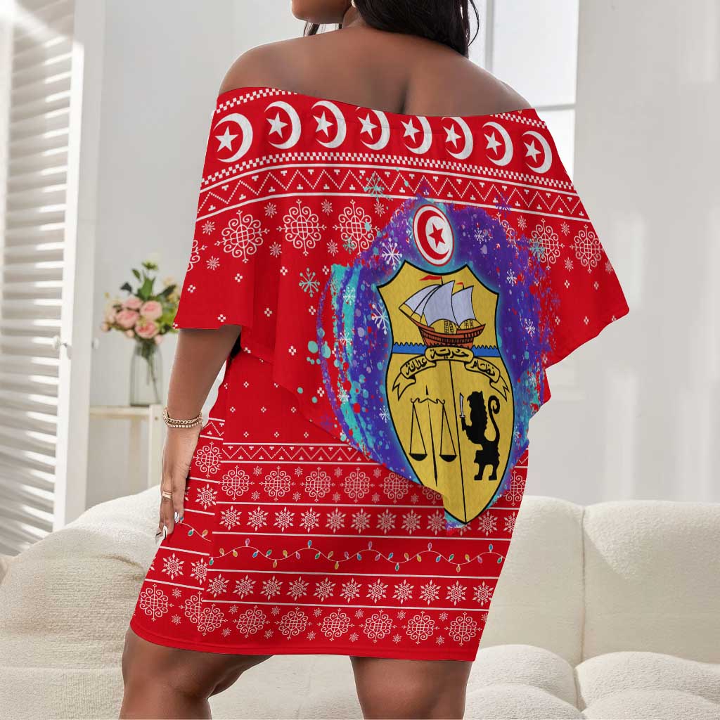 Tunisia Christmas Off Shoulder Short Dress Desert Camel Crescent Snowflake Pattern - African Pride