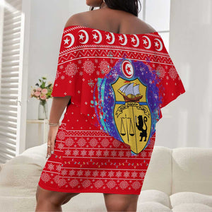 Tunisia Christmas Off Shoulder Short Dress Desert Camel Crescent Snowflake Pattern - African Pride