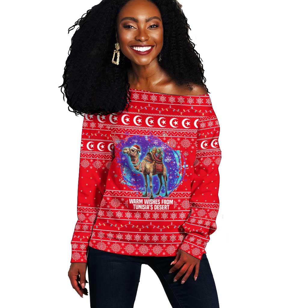 Tunisia Christmas Off Shoulder Sweater Desert Camel Crescent Snowflake Pattern - African Pride