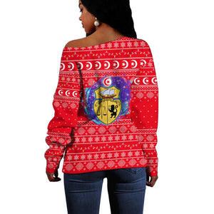 Tunisia Christmas Off Shoulder Sweater Desert Camel Crescent Snowflake Pattern - African Pride