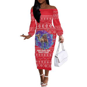 Tunisia Christmas Off The Shoulder Long Sleeve Dress Desert Camel Crescent Snowflake Pattern - African Pride