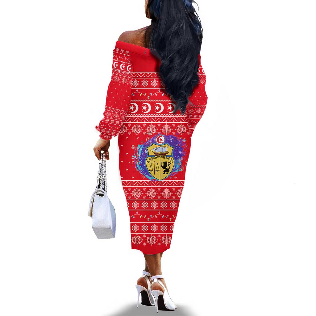 Tunisia Christmas Off The Shoulder Long Sleeve Dress Desert Camel Crescent Snowflake Pattern - African Pride