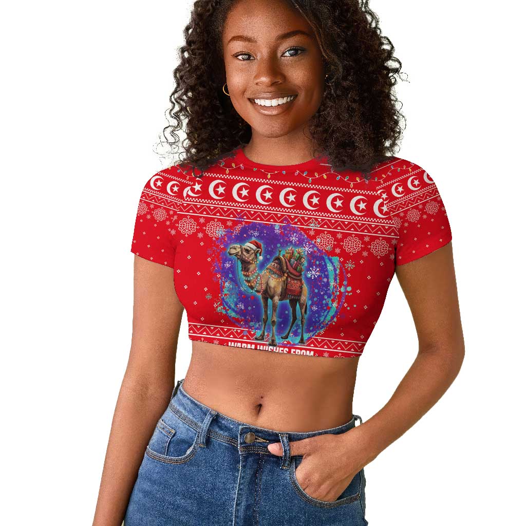 Tunisia Christmas Raglan Cropped T shirt Desert Camel Crescent Snowflake Pattern - African Pride