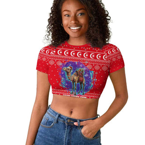 Tunisia Christmas Raglan Cropped T shirt Desert Camel Crescent Snowflake Pattern - African Pride