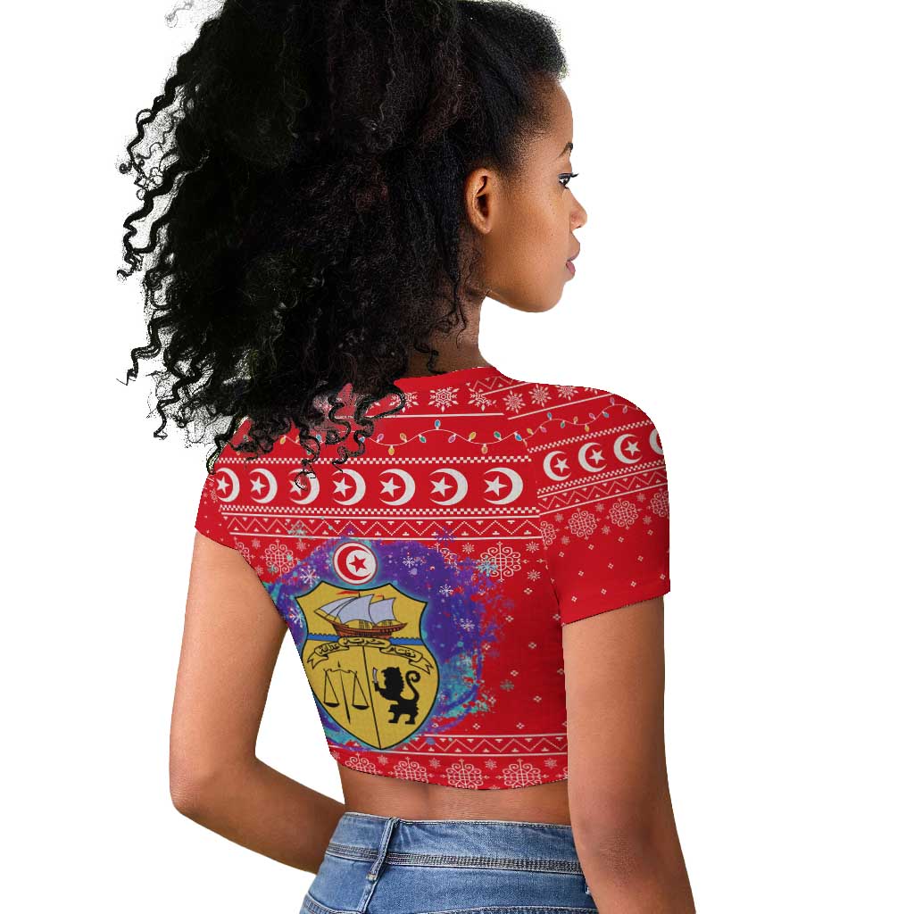 Tunisia Christmas Raglan Cropped T shirt Desert Camel Crescent Snowflake Pattern - African Pride