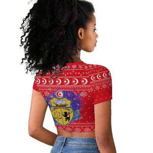 Tunisia Christmas Raglan Cropped T shirt Desert Camel Crescent Snowflake Pattern - African Pride