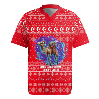 Tunisia Christmas Rugby Jersey Desert Camel Crescent Snowflake Pattern - African Pride